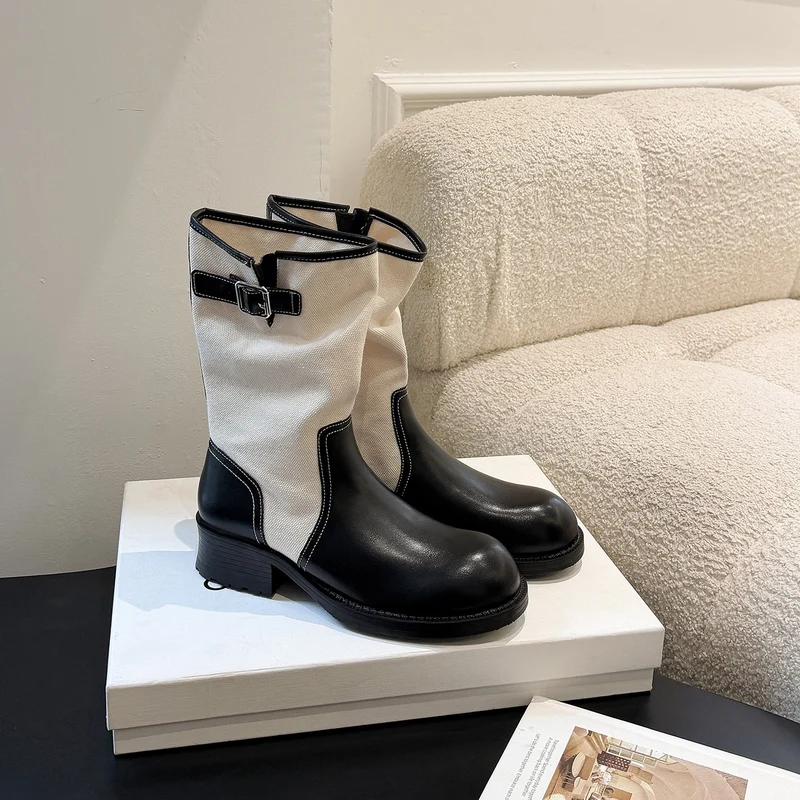 Damen Mid-Calf Stiefel aus Glattleder und Canvas mit Zier-Schnallenriemen Drune