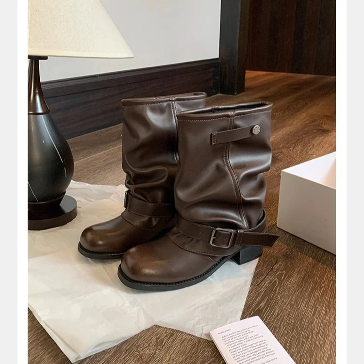 Damen Mid-Calf Bikerstiefel aus Glattleder mit verstellbarem Schnallenriemen Drune