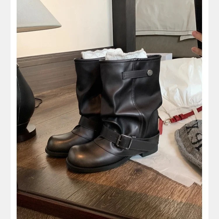 Damen Mid-Calf Bikerstiefel aus Glattleder mit verstellbarem Schnallenriemen Drune