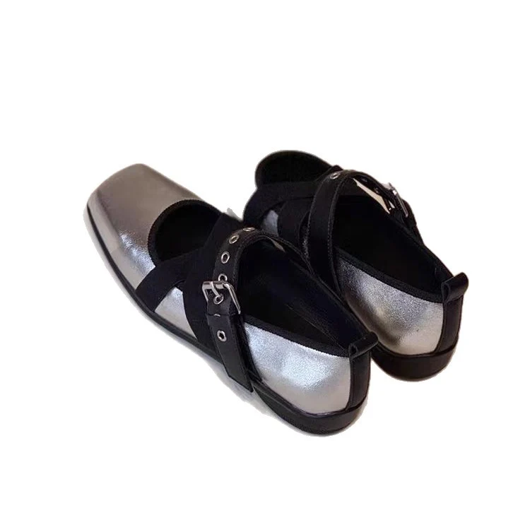 Damen Mary-Jane-Slipper mit quadratischer Zehenpartie, gekreuzten Elastikriemen und Ziergurt Drune