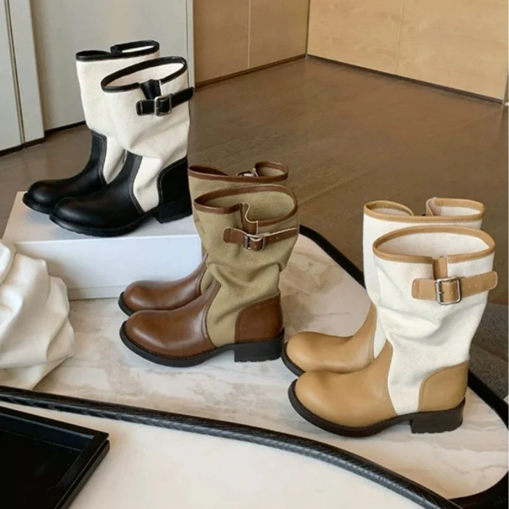 Damen Leder-Leinen Mid-Calf Stiefel mit Schnallenriemen Drune