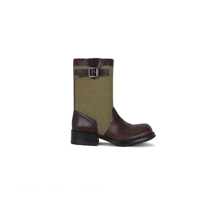 Damen Leder-Leinen Mid-Calf Stiefel mit Schnallenriemen Drune