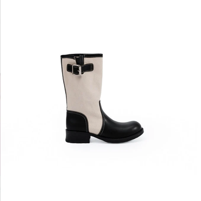Damen Leder-Leinen Mid-Calf Stiefel mit Schnallenriemen Drune