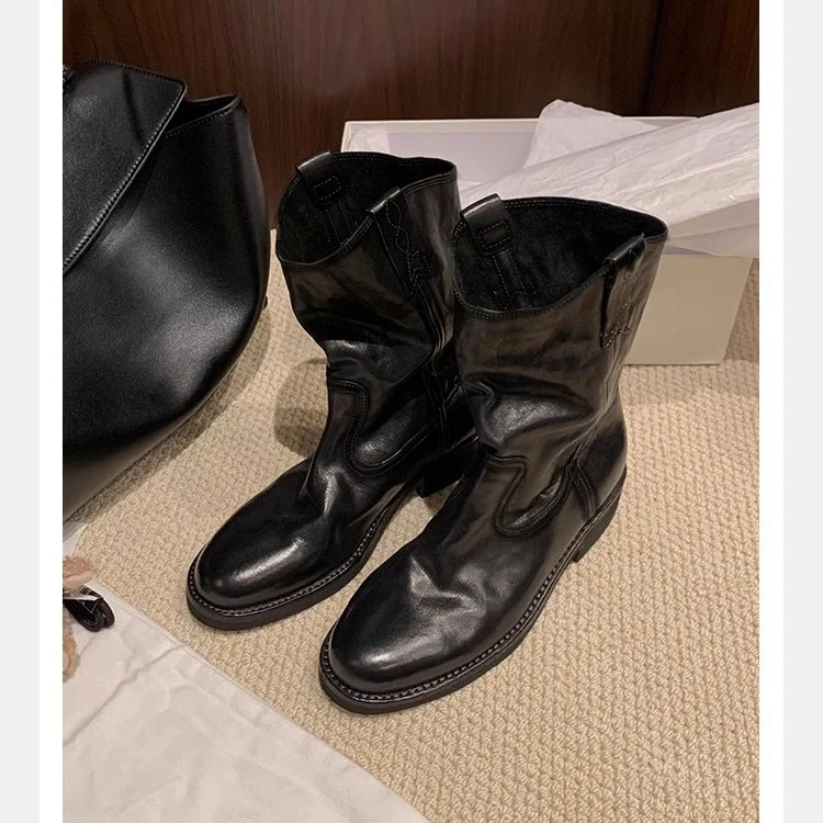 Damen lässige Cowboystiefel aus echtem Glattleder mit weichem, geschlitztem Schaft Drune