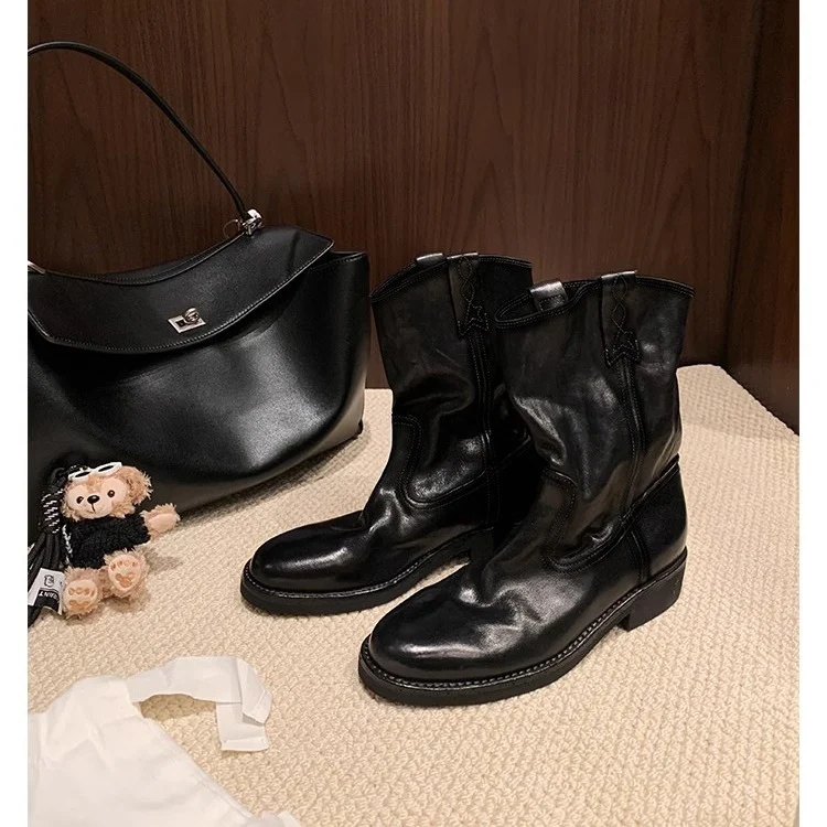 Damen lässige Cowboystiefel aus echtem Glattleder mit weichem, geschlitztem Schaft Drune