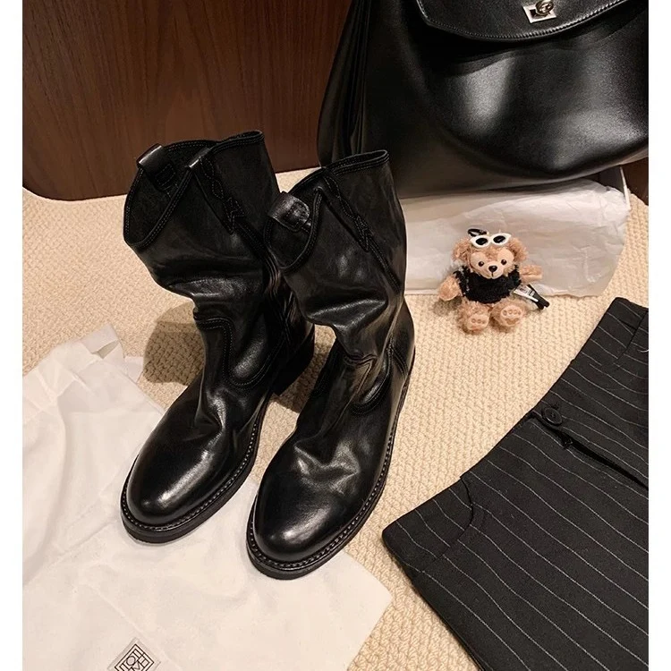 Damen lässige Cowboystiefel aus echtem Glattleder mit weichem, geschlitztem Schaft Drune