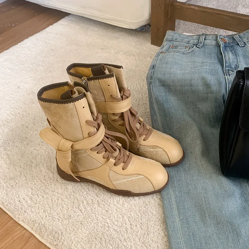 Damen Knöchelhohe Schnür‑Bikerstiefelette aus Glatt‑ und Veloursleder mit dekorativem Ziergurt Drune