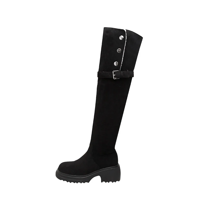 Damen kniehohe Worker‑Stiefel mit umklappbarem Teddy‑Bündchen und sculpted Plateau‑Absatz Drune