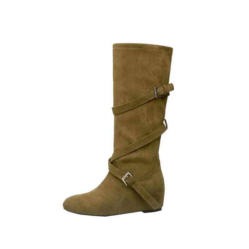Damen Kniehohe Velourslederstiefel mit Wickelriemen und flachem Keilabsatz Drune