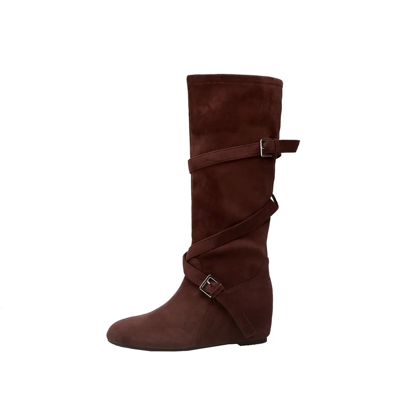 Damen Kniehohe Velourslederstiefel mit Wickelriemen und flachem Keilabsatz Drune