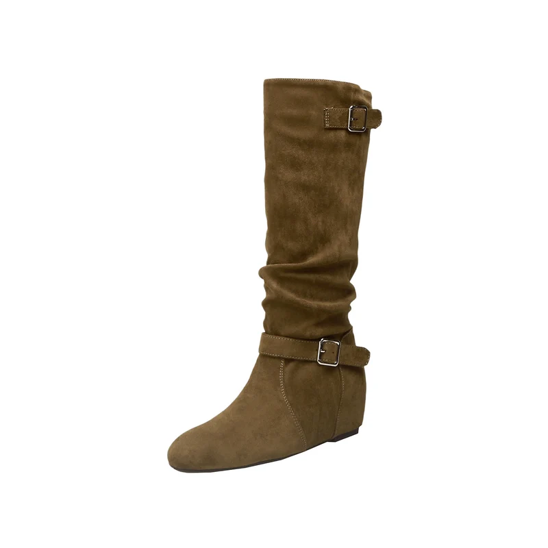 Damen Kniehohe Veloursleder-Slouchstiefel mit verstellbaren Zierriemen und flacher Keilsohle Drune