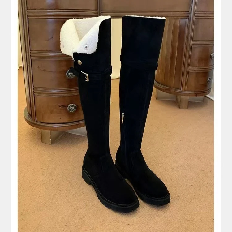 Damen Kniehohe Velours-Winterstiefel mit umklappbarer Schaftrand‑Fütterung und profilierter Lug‑Sohle Drune