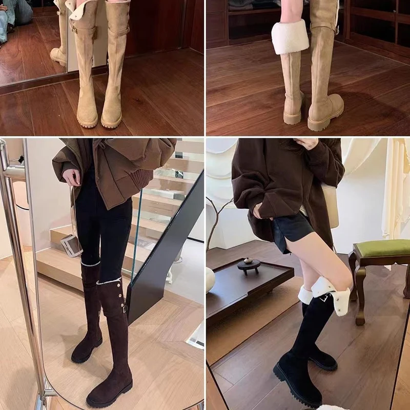 Damen Kniehohe Velours-Winterstiefel mit umklappbarer Schaftrand‑Fütterung und profilierter Lug‑Sohle Drune