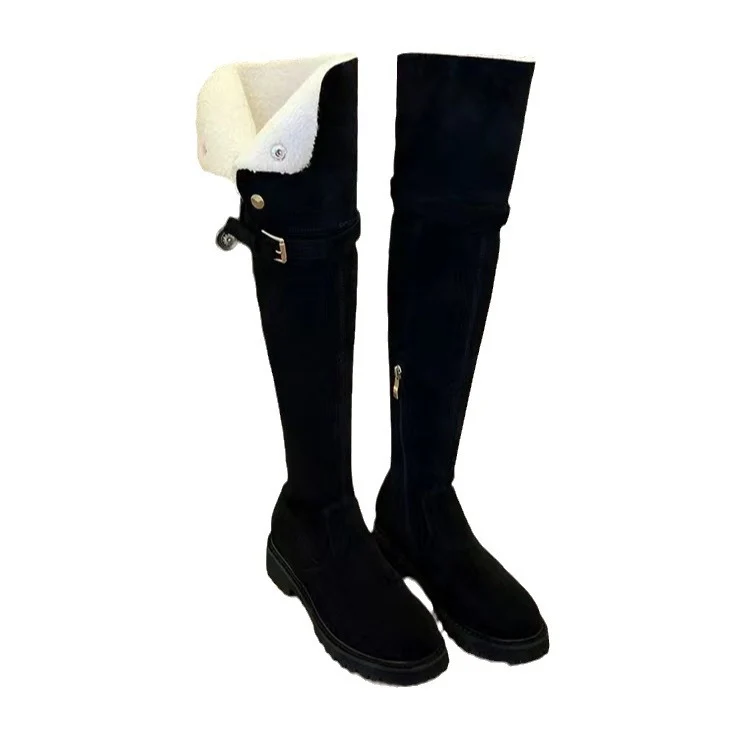 Damen Kniehohe Velours-Winterstiefel mit umklappbarer Schaftrand‑Fütterung und profilierter Lug‑Sohle Drune