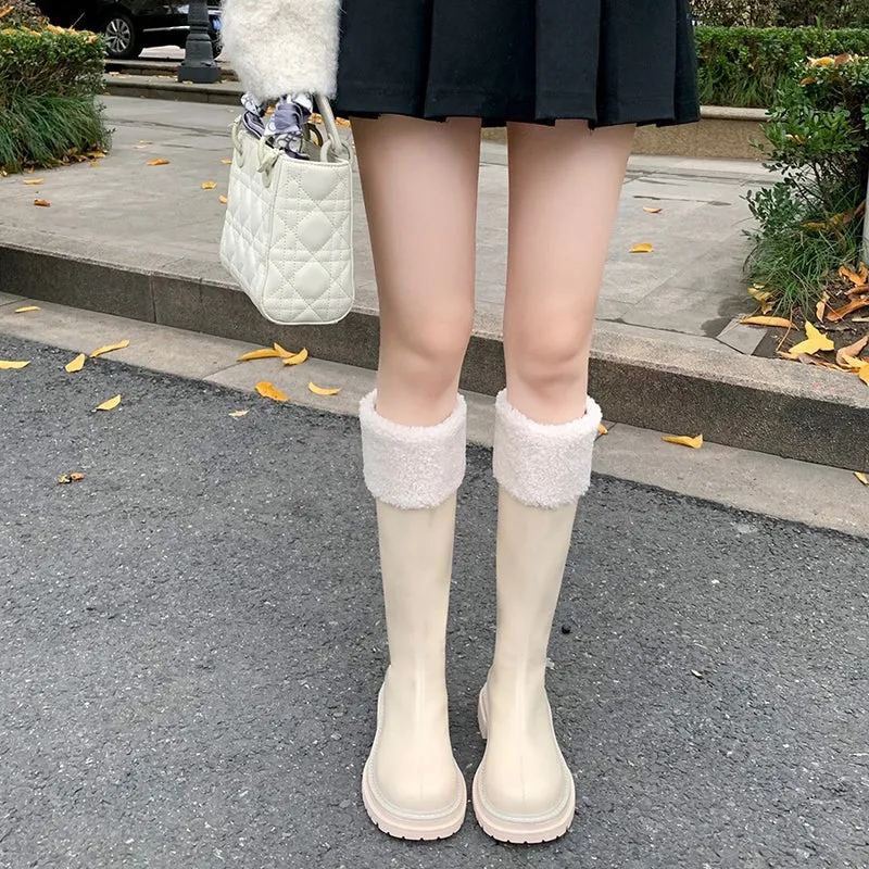 Damen Kniehohe Stiefel mit Teddyfutter-Bündchen und geformter Plateau-Sohle Drune