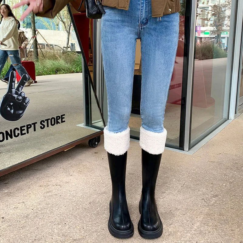 Damen Kniehohe Stiefel mit Teddyfutter-Bündchen und geformter Plateau-Sohle Drune