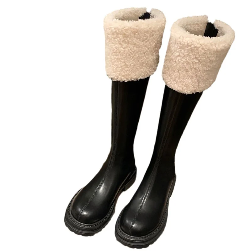 Damen Kniehohe Stiefel mit Teddyfutter-Bündchen und geformter Plateau-Sohle Drune