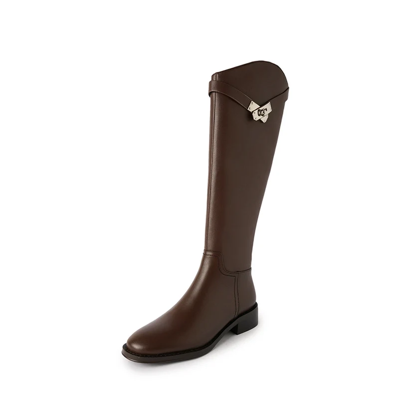 Damen kniehohe Stiefel mit schlanker Schaftform, Innenseiten-Reißverschluss und dekorativem Schnallenriemen Drune
