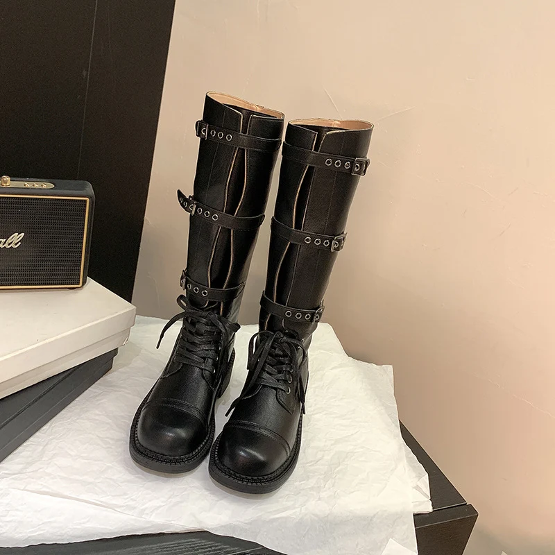 Damen kniehohe Schnürstiefel mit Zier- und Verstellschnallen Drune
