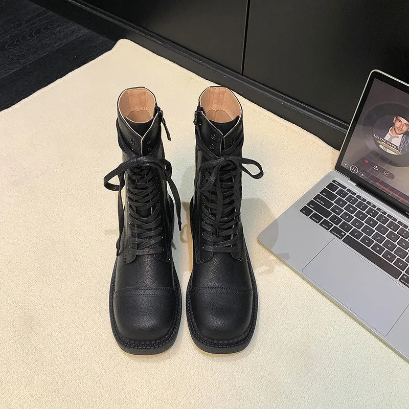 Damen kniehohe Schnürstiefel mit Zier- und Verstellschnallen Drune