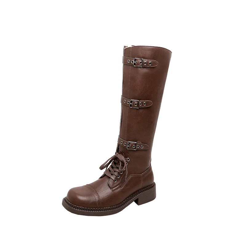 Damen kniehohe Schnürstiefel mit Zier- und Verstellschnallen Drune