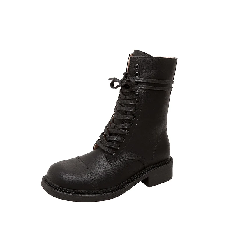 Damen kniehohe Schnürstiefel mit Zier- und Verstellschnallen Drune