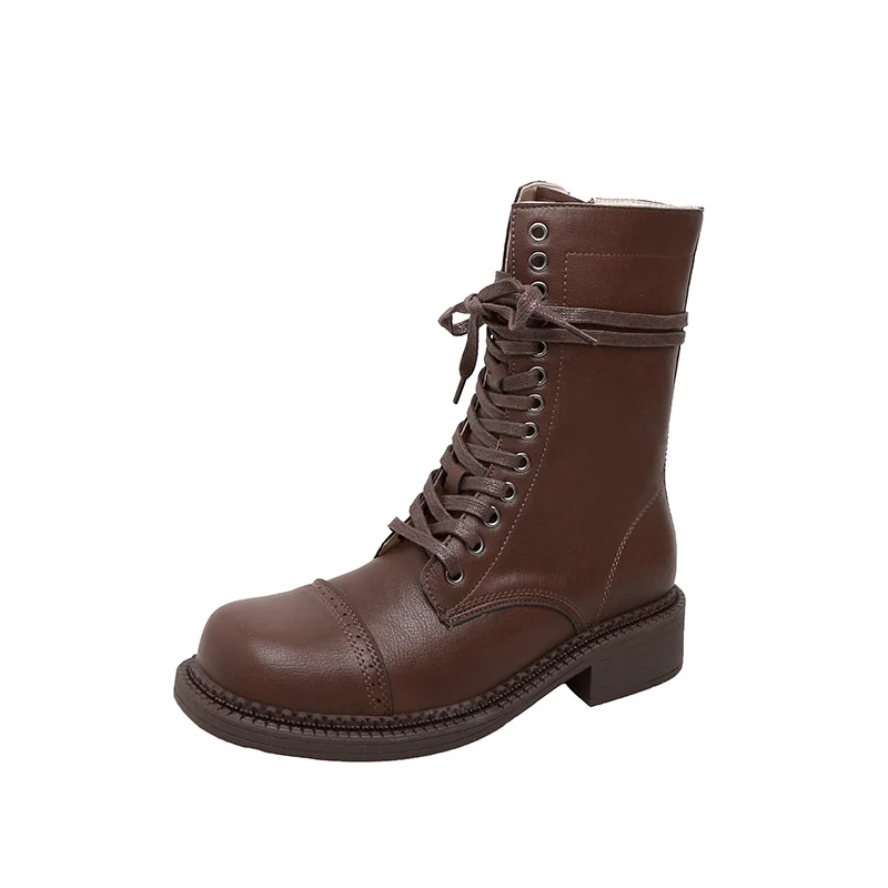 Damen kniehohe Schnürstiefel mit Zier- und Verstellschnallen Drune