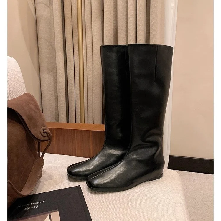 Damen Kniehohe Minimalistische Glattleder-Stiefel mit ergonomischer Laufsohle Drune