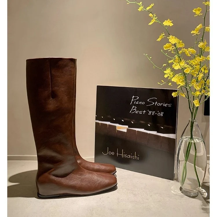 Damen Kniehohe Minimalistische Glattleder-Stiefel mit ergonomischer Laufsohle Drune