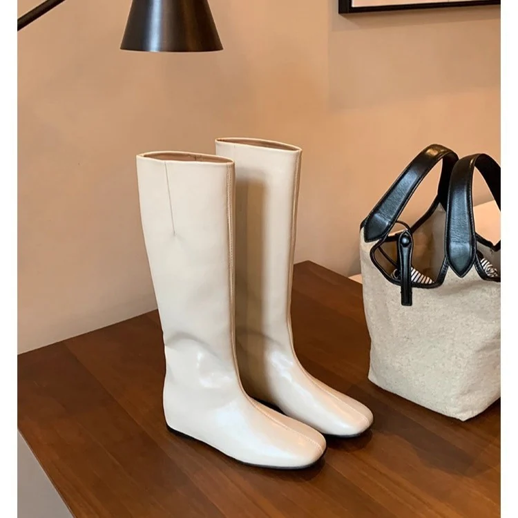 Damen Kniehohe Minimalistische Glattleder-Stiefel mit ergonomischer Laufsohle Drune