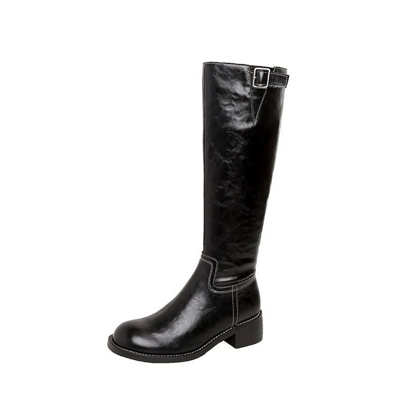Damen kniehohe Lederstiefel mit Zierriegel, kontrastierender Naht und niedrigem Blockabsatz Drune