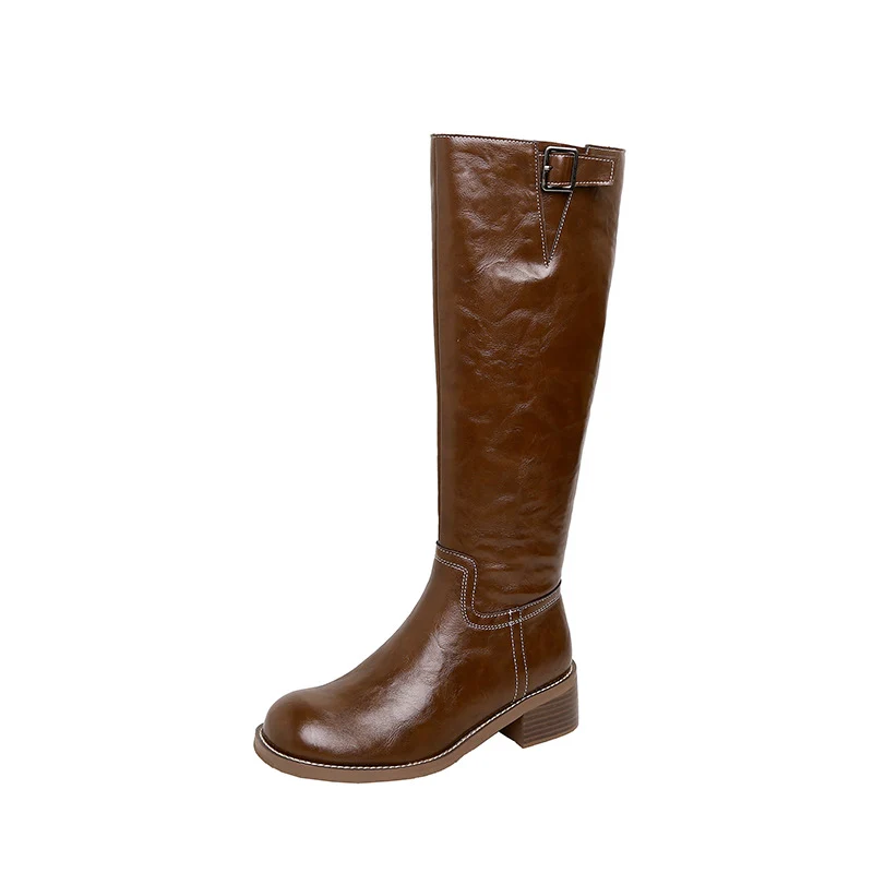 Damen kniehohe Lederstiefel mit Zierriegel, kontrastierender Naht und niedrigem Blockabsatz Drune