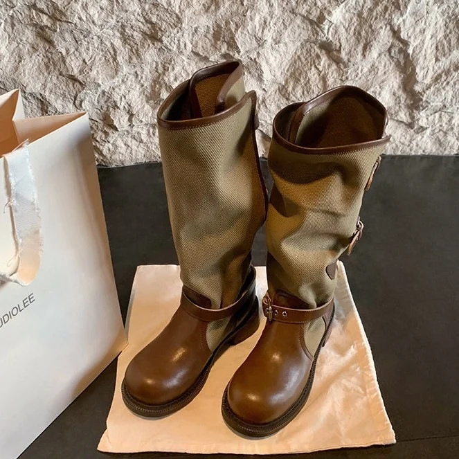 Damen kniehohe Leder-Canvas Stiefel mit verstellbaren Schnallen Drune