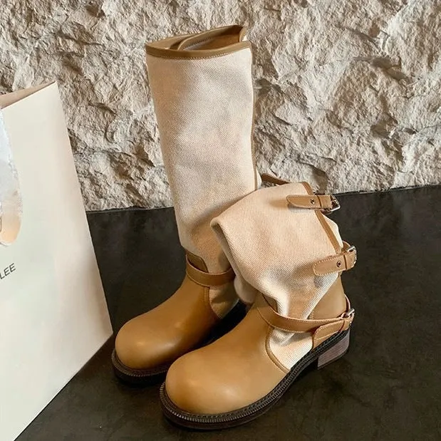 Damen kniehohe Leder-Canvas Stiefel mit verstellbaren Schnallen Drune