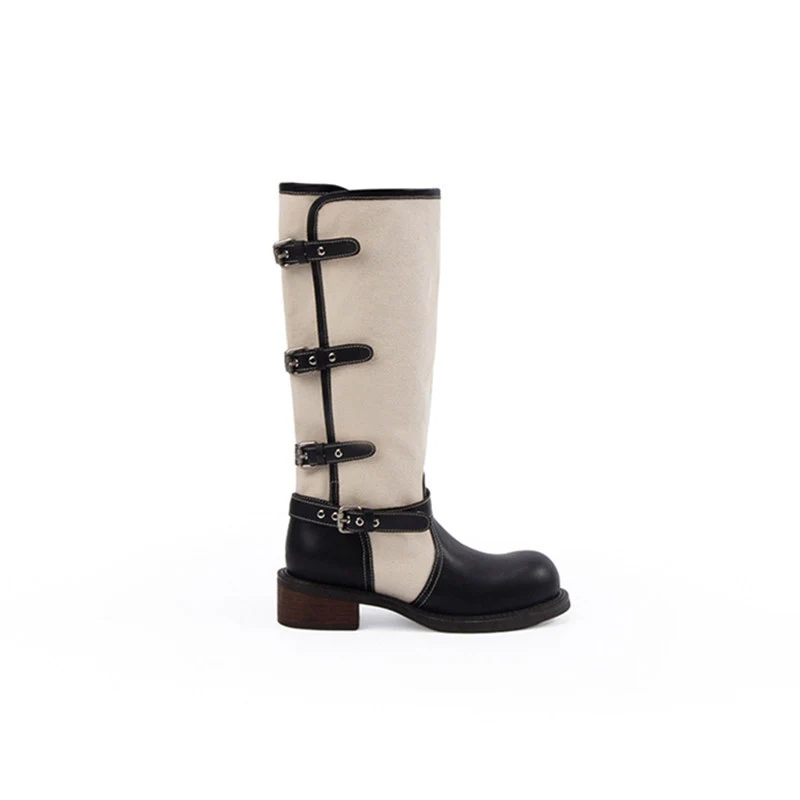 Damen kniehohe Leder-Canvas Stiefel mit verstellbaren Schnallen Drune