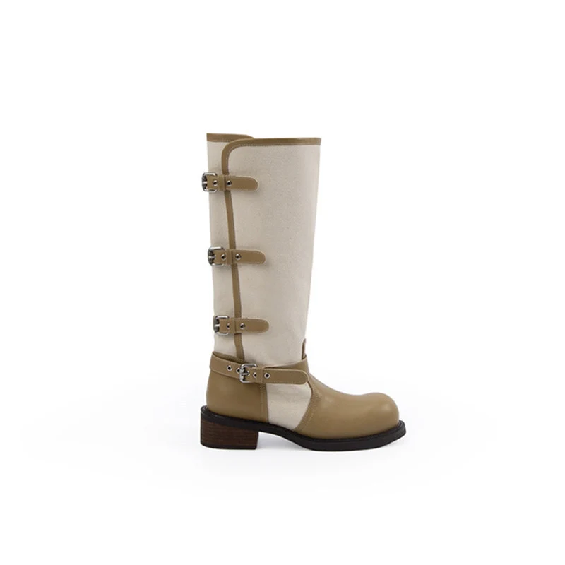 Damen kniehohe Leder-Canvas Stiefel mit verstellbaren Schnallen Drune