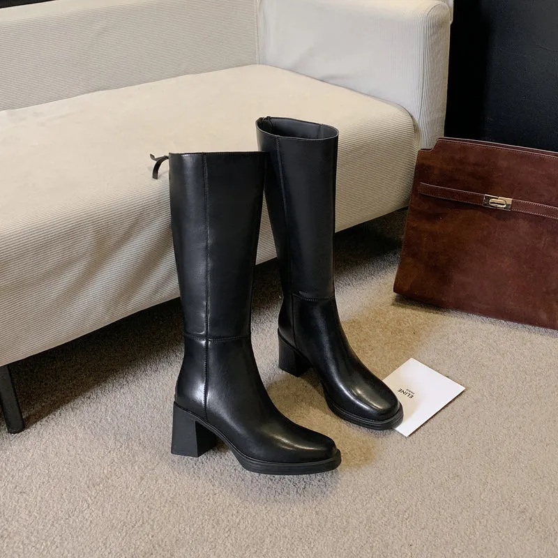 Damen Kniehohe Glattleder-Stiefel mit skulpturalem Blockabsatz und Rückenreißverschluss Drune