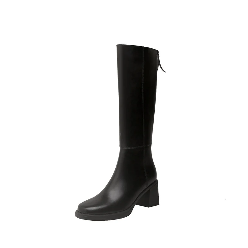 Damen Kniehohe Glattleder-Stiefel mit skulpturalem Blockabsatz und Rückenreißverschluss Drune