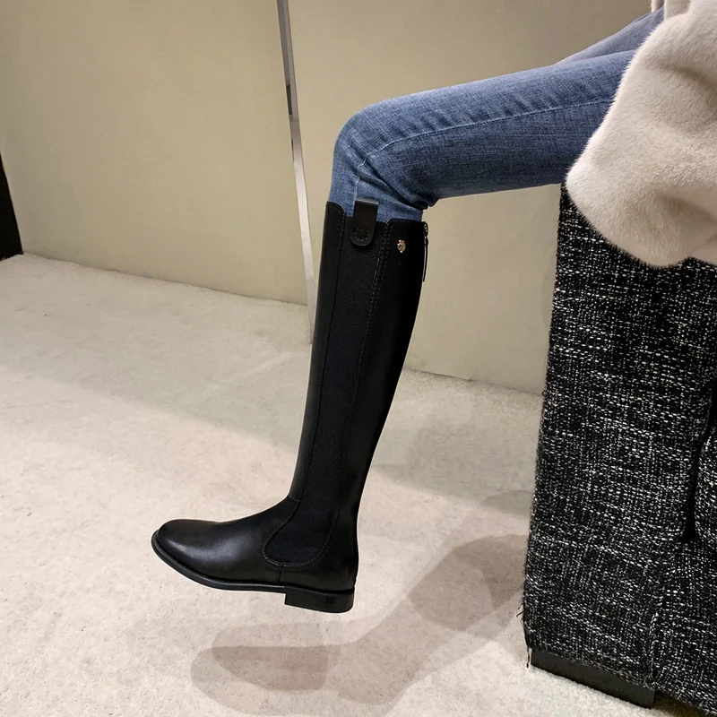 Damen Kniehohe Glattleder-Stiefel im Reitstil mit verdecktem Rückreißverschluss und Stretch-Einsatz Drune