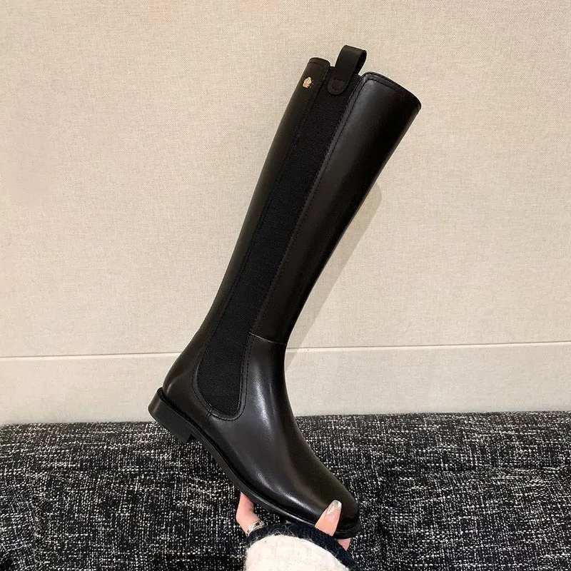 Damen Kniehohe Glattleder-Stiefel im Reitstil mit verdecktem Rückreißverschluss und Stretch-Einsatz Drune