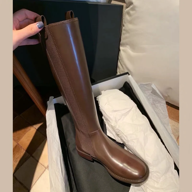 Damen kniehohe Chelsea-Stiefel aus Leder mit Elastikeinsatz Drune