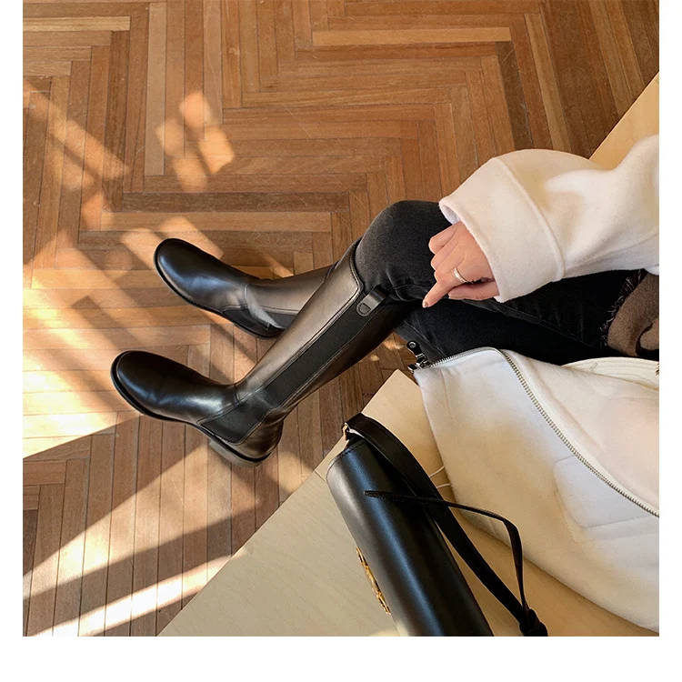 Damen kniehohe Chelsea-Stiefel aus Leder mit Elastikeinsatz Drune