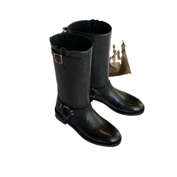 Damen Kniehohe Bikerstiefel aus Leder mit Harness‑Riemen & verstellbarer Schaftschnalle Drune