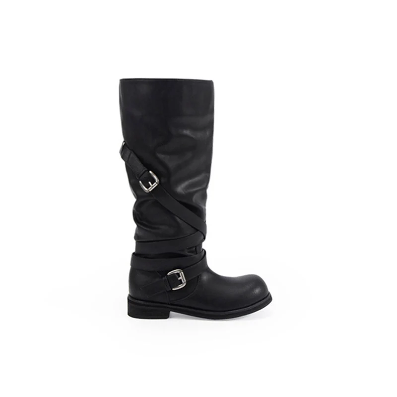 Damen Kniehohe Biker-Stiefel in Leder-Optik mit verstellbaren Schnallen Drune