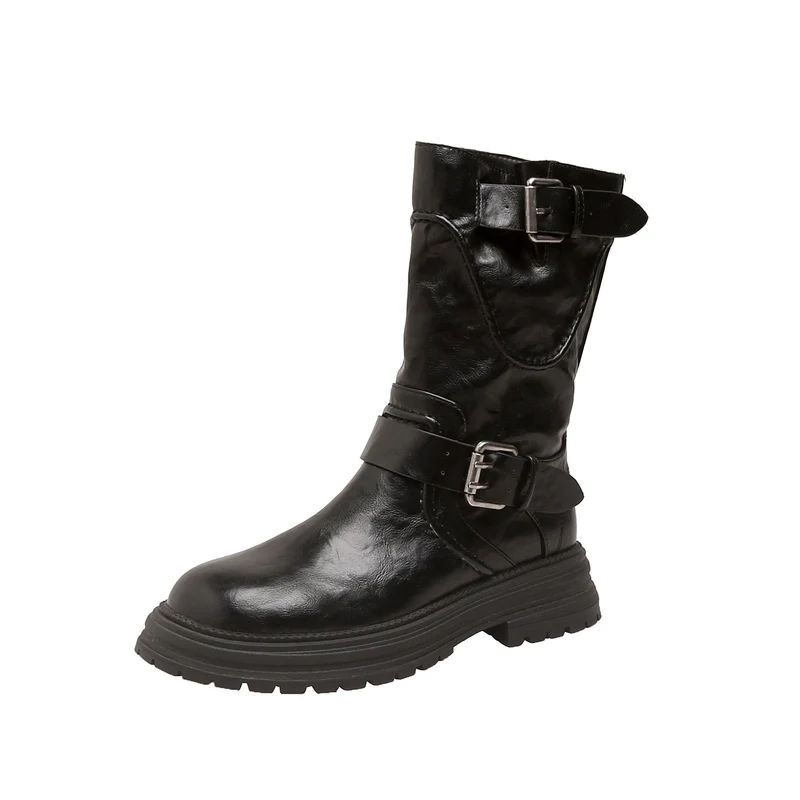 Damen Halbhohe Bikerstiefel aus Glattlederoptik mit verstellbaren Metallschnallen und profiliertem Lug‑Plateau Drune