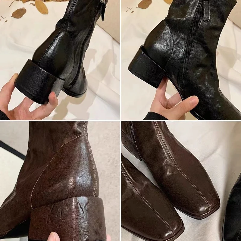 Damen Glattleder-Stiefelette mit schlanker Socken-Passform, innenliegendem Reißverschluss und sculpted Blockabsatz Drune