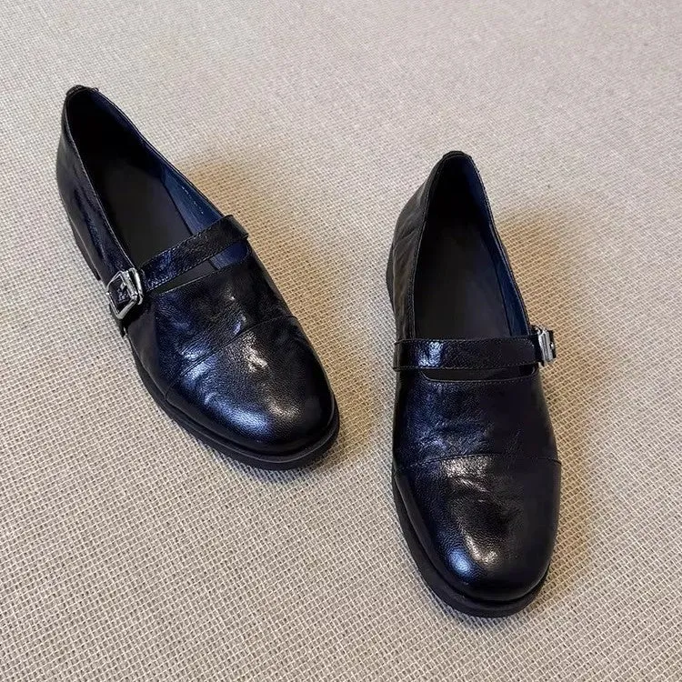 Damen Flache Leder‑Mary‑Jane‑Loafer mit verstellbarer Metallschnalle Drune