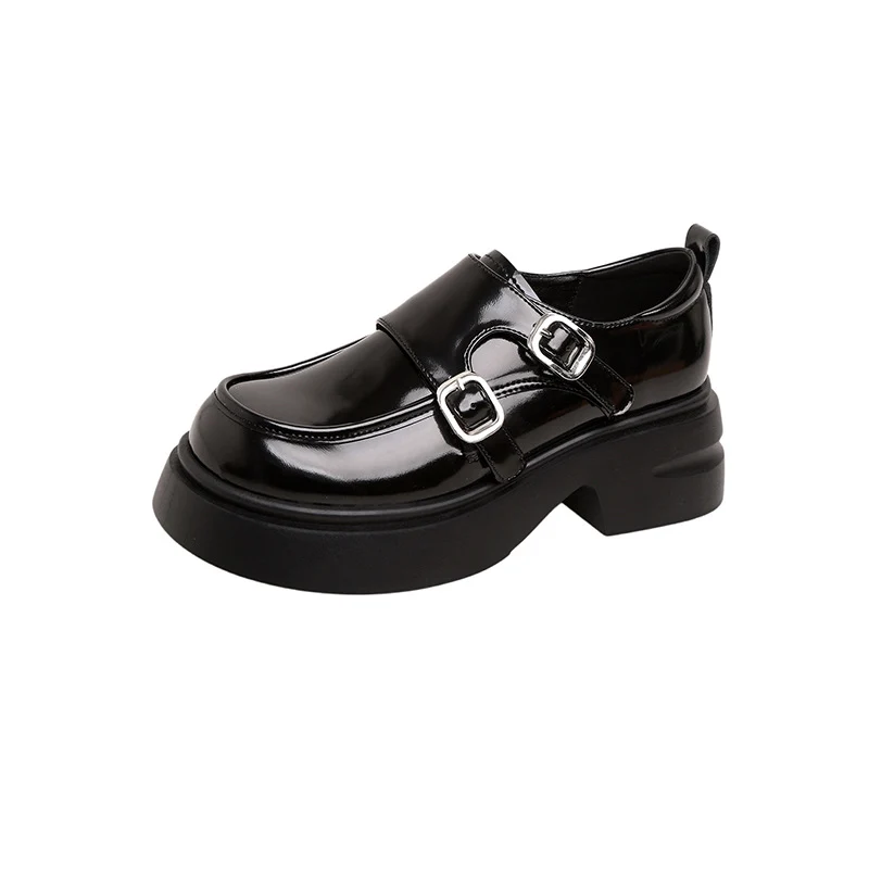 Damen Chunky Patent-Monkstrap-Loafer mit doppelter Schnallenapplikation und Plateau-Sohle Drune