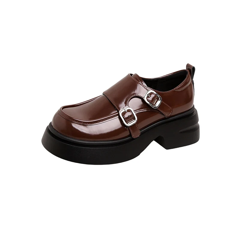 Damen Chunky Patent-Monkstrap-Loafer mit doppelter Schnallenapplikation und Plateau-Sohle Drune