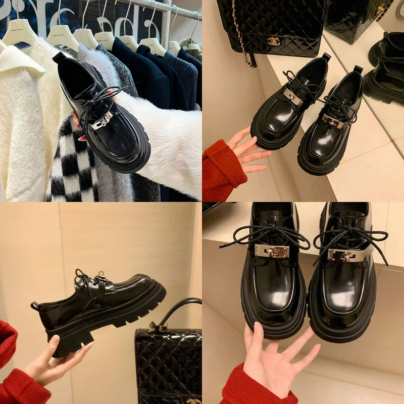 Damen Chunky Lackleder‑Schnürloafer mit markanter Lug‑Sohle und dekorativer Metallschnalle Drune